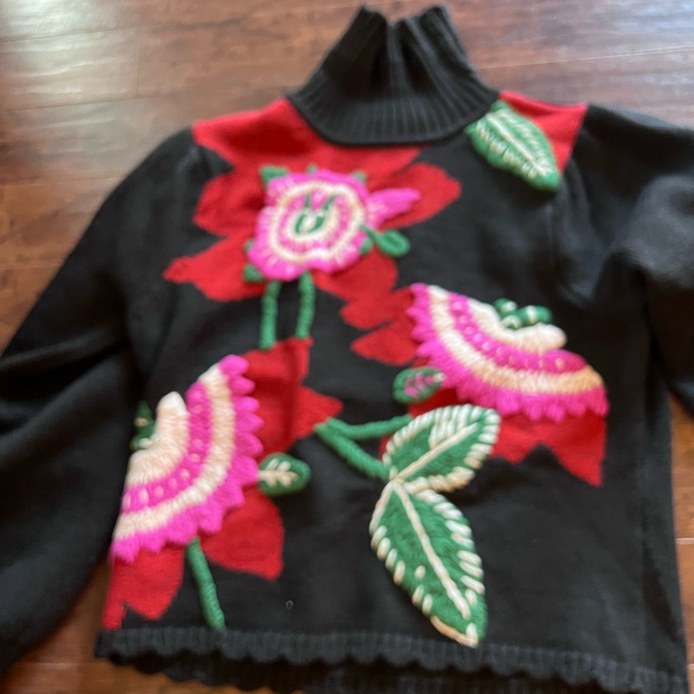 🌸🌹🌺 FARM RIO 🌺🌹🌸 Black Bold Colorful Flower Embroidered Knit Sweater - Picture 11 of 16